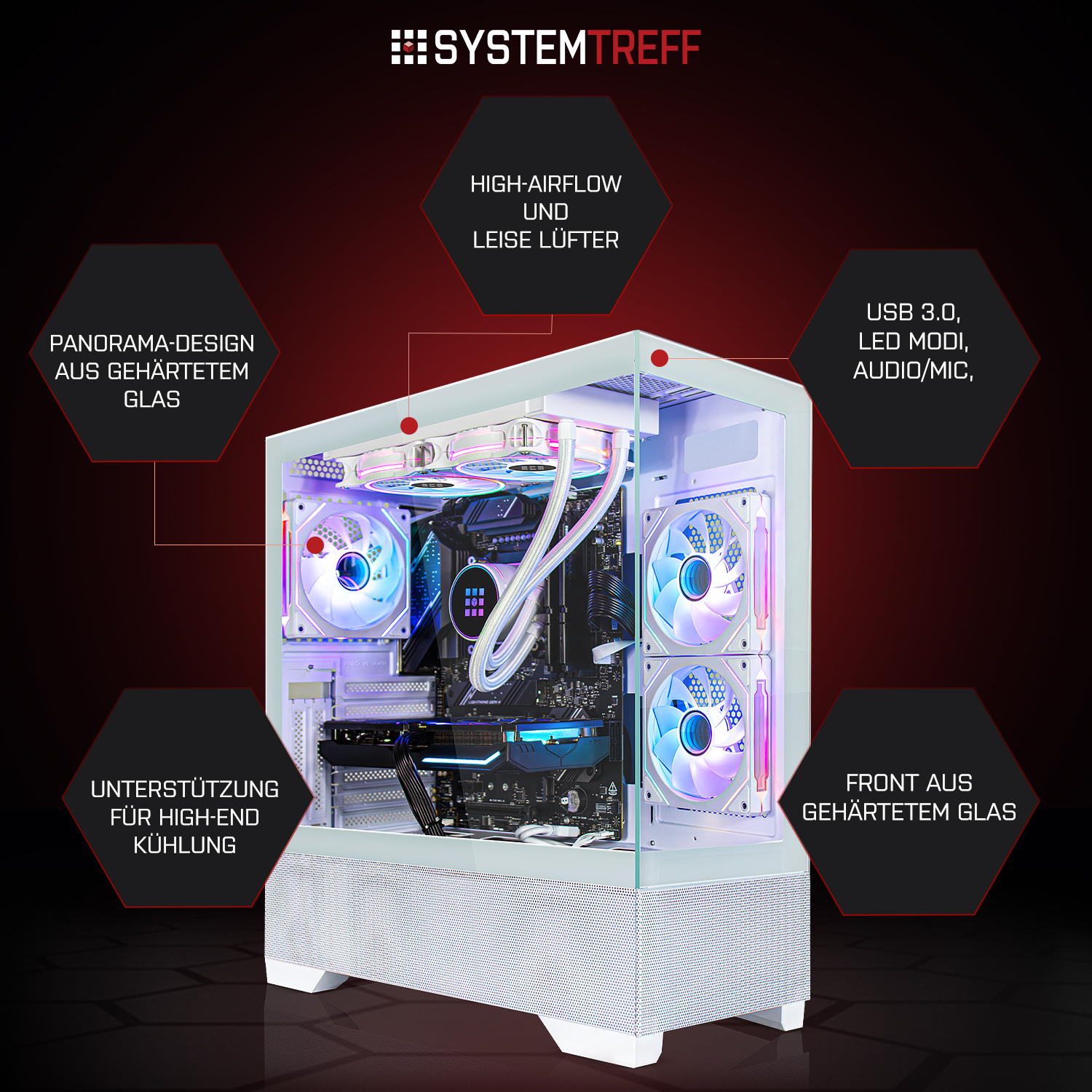 Ein weißes PC-Gehäuse mit Glasfront und RGB-Lüftern, das seine Features hervorhebt.