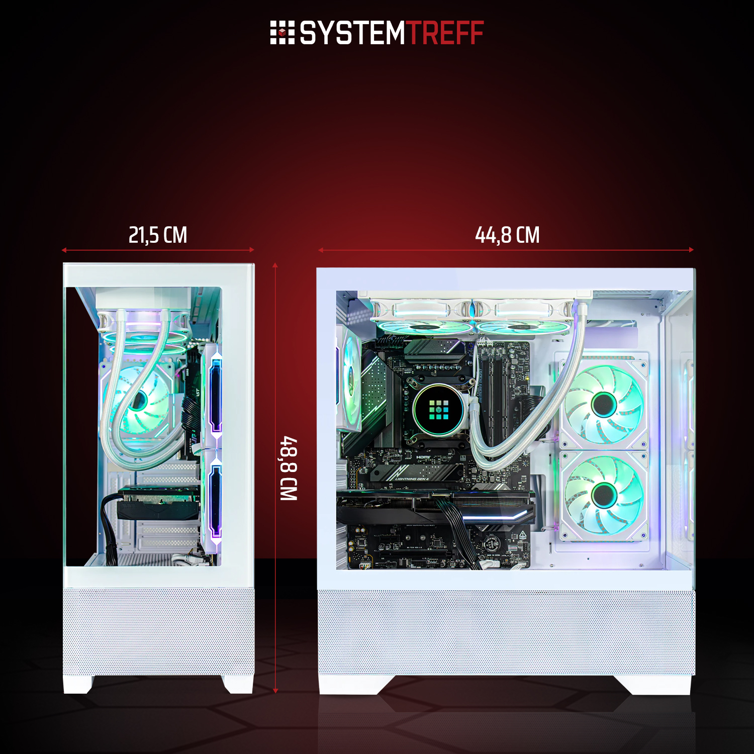 Zwei weiße Computergehäuse mit RGB-Beleuchtung und Maßen.