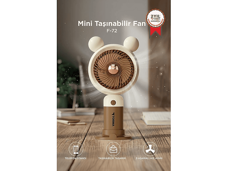 TORIMA F72 Telefon Standlı 3 Kademeli Ayıcıklı Taşınabilir Masa Fanı Şarjlı El Vantilatörü Kahverengi