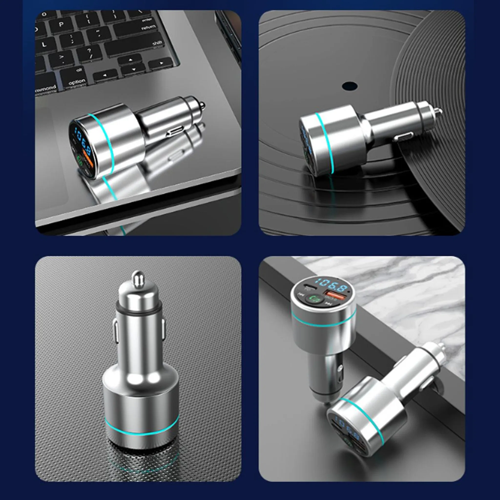 Silberner Zigarettenanzünder-Adapter mit blauen Ringen, auf verschiedenen Oberflächen.