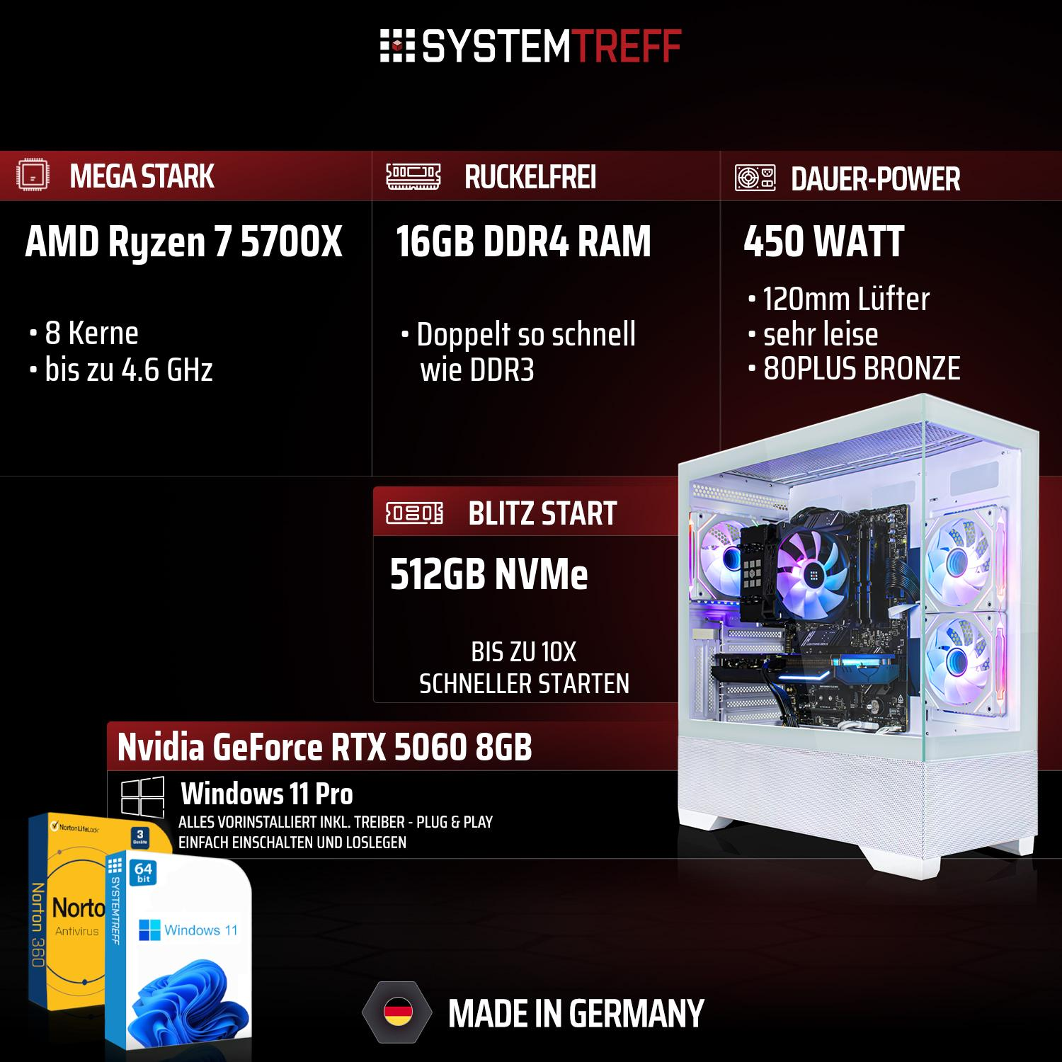 PC-Komponenten: Ryzen 7, 16GB RAM, 450W Netzteil, RTX 5060, Windows 11.
