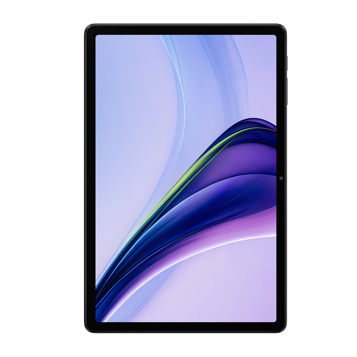 Ein schwarzes Tablet mit einem abstrakten, violetten und grünen Hintergrund auf dem Bildschirm.