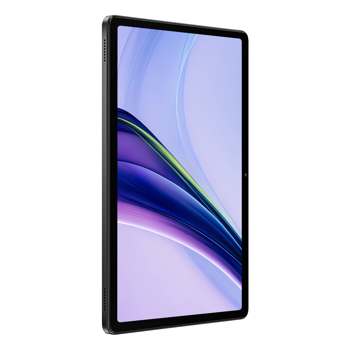 Ein schwarzes Tablet mit einem violetten und blauen Hintergrundbild.