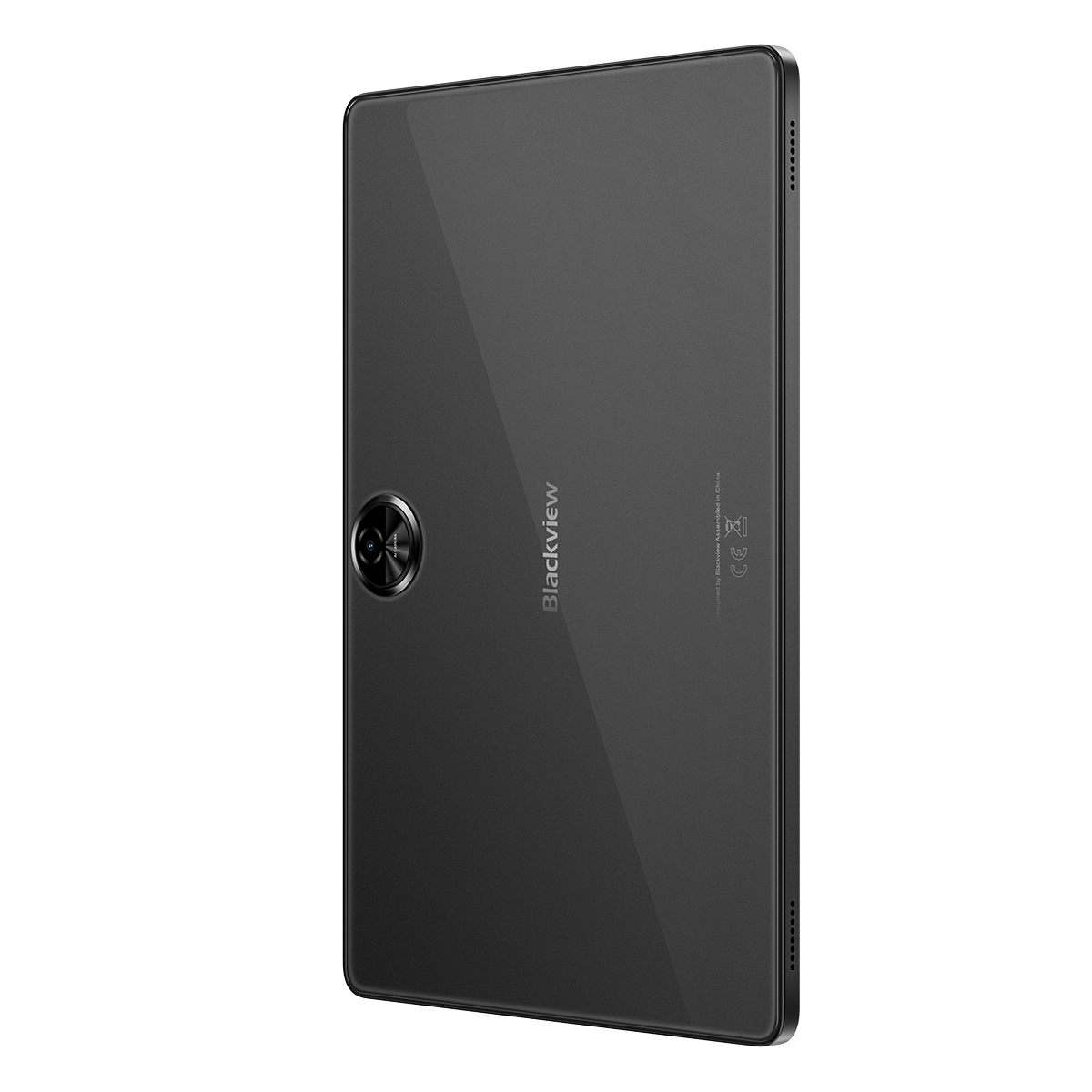 Rückseite eines schwarzen Blackview Tablets mit runder Kameralinse, auf weißem Hintergrund.