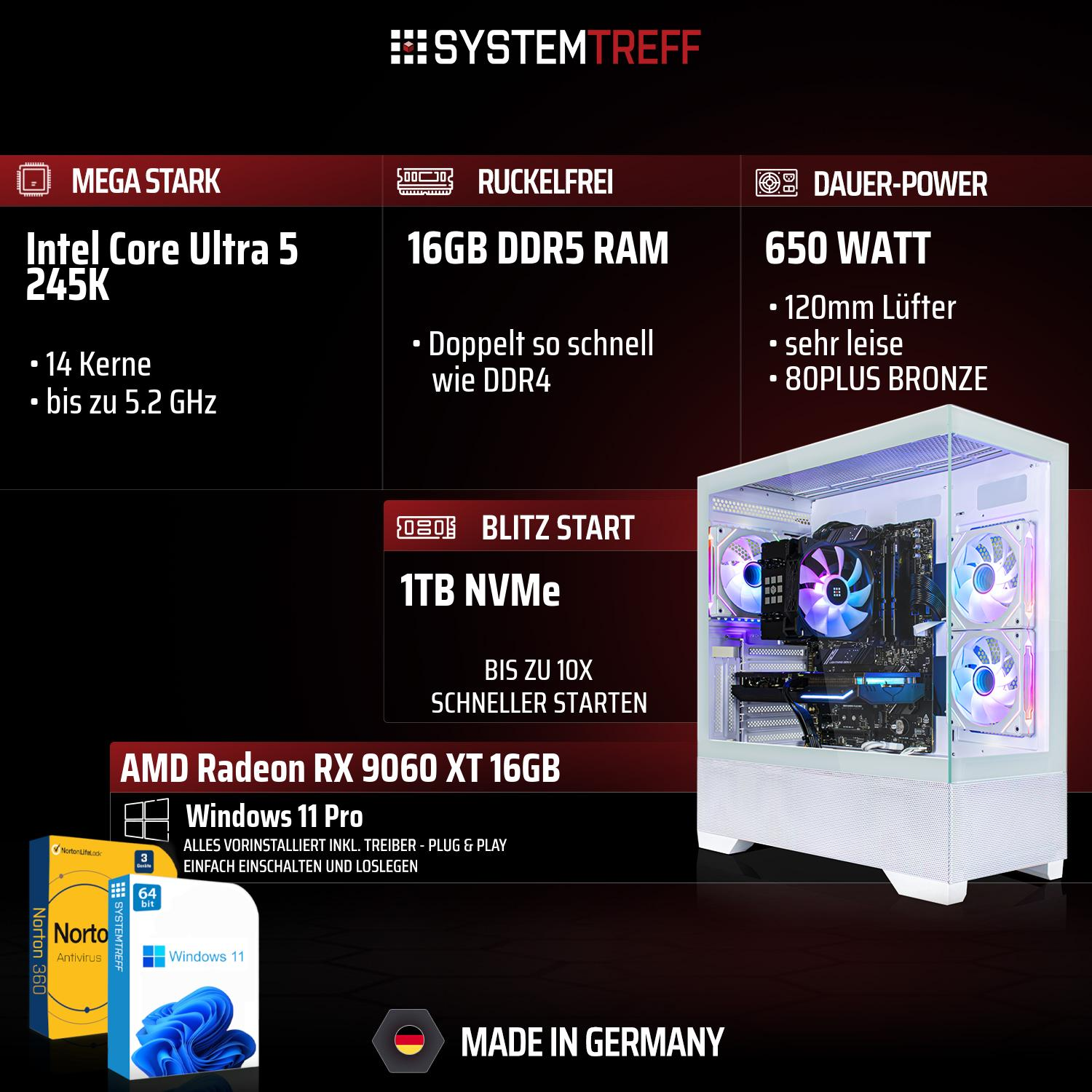 PC-Spezifikationen: Intel Core Ultra 5, 16 GB DDR5, 1 TB NVMe, RX 9060 XT, Win 11 Pro.