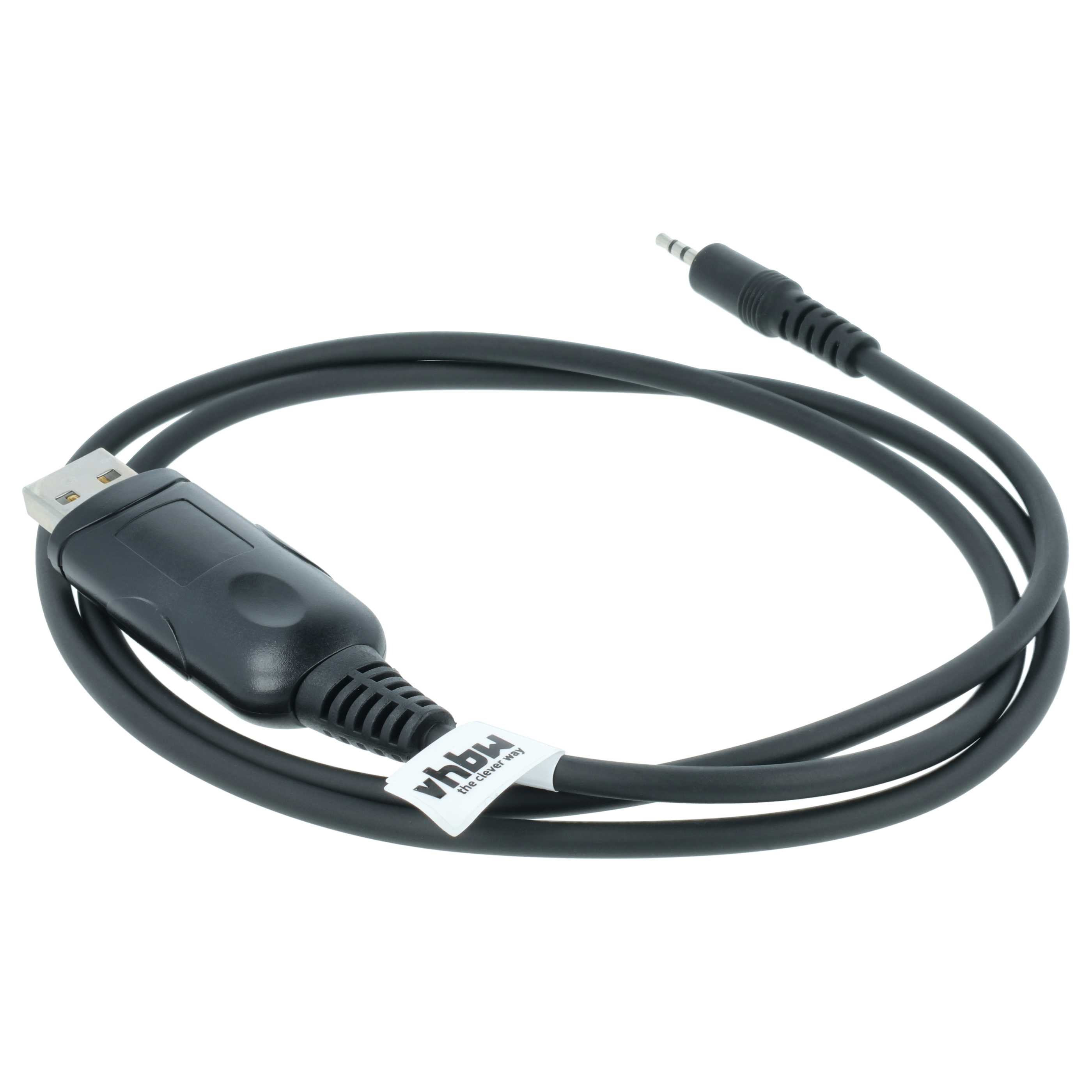 Schwarzes USB-zu-3,5-mm-Audiokabel mit weißem Etikett.