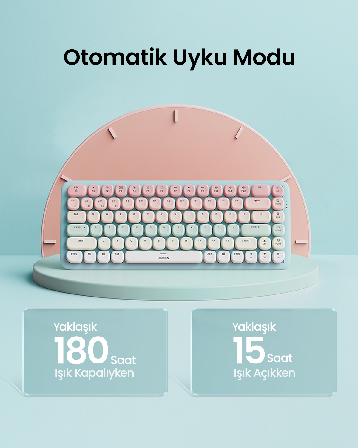 Otomatik Uyku Modu başlıklı pastel klavye, saat kadranı tarzı arka plan üzerinde.