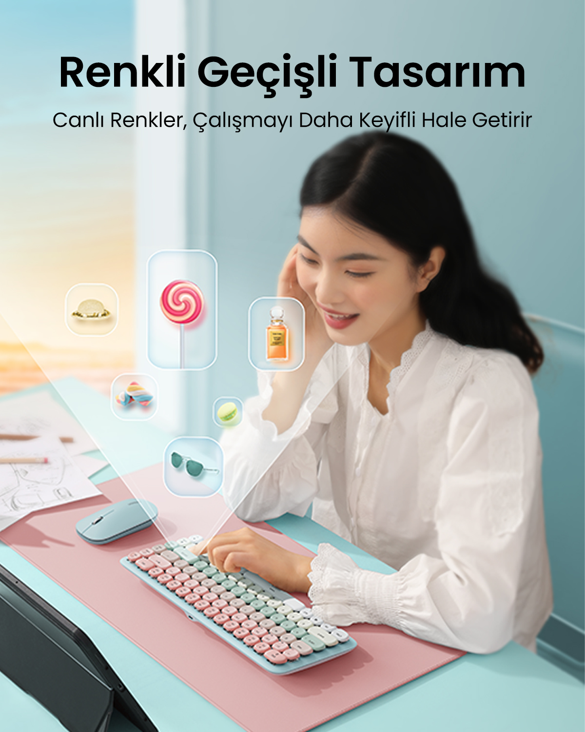 Kadın, lolipop, parfüm ve güneş gözlüğü simgeleri olan renkli klavyede yazıyor.
