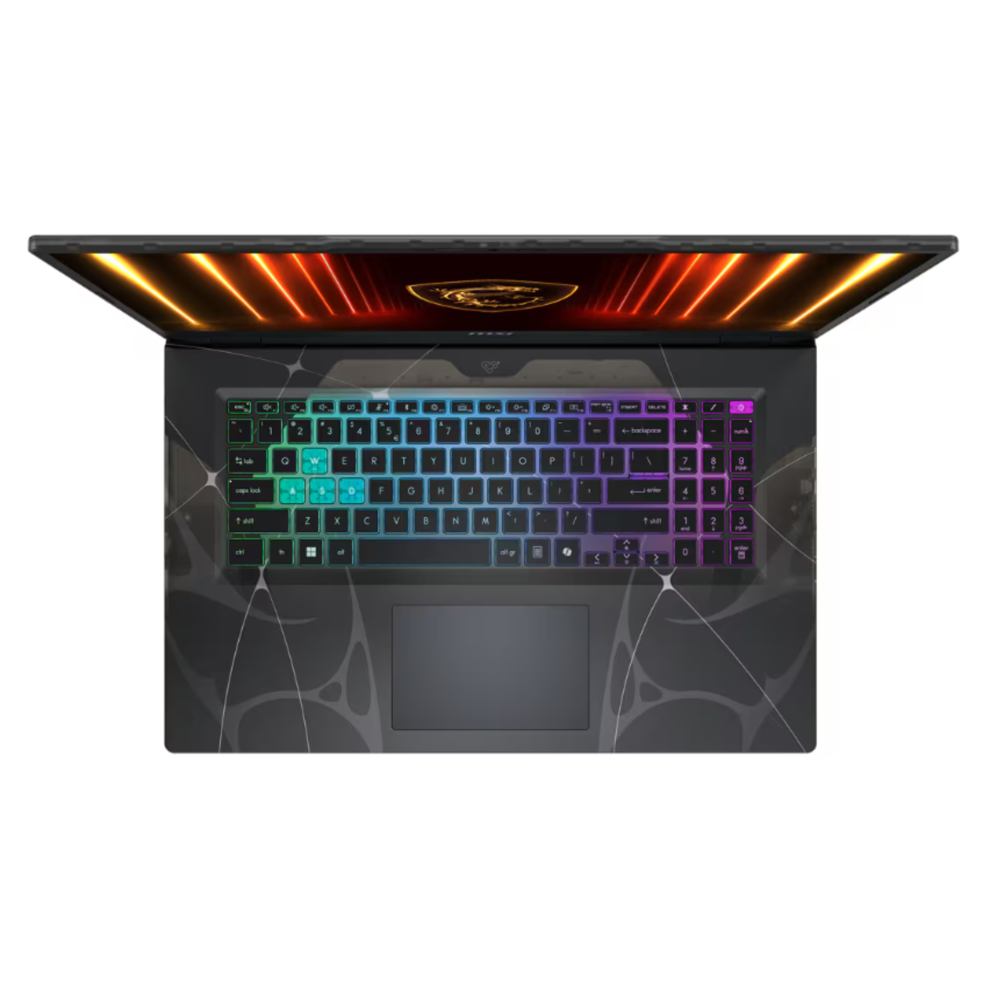 Ein geöffneter Laptop mit beleuchteter Tastatur und abstraktem Muster.