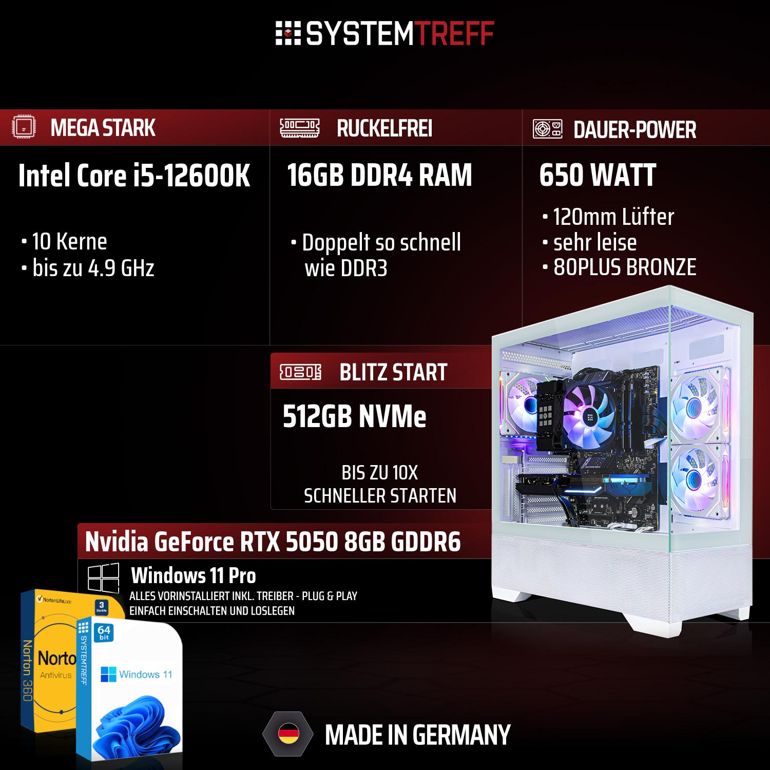Gaming PC mit Intel i5, 16GB RAM, 512GB NVMe, RTX 5050, Windows 11 Pro.