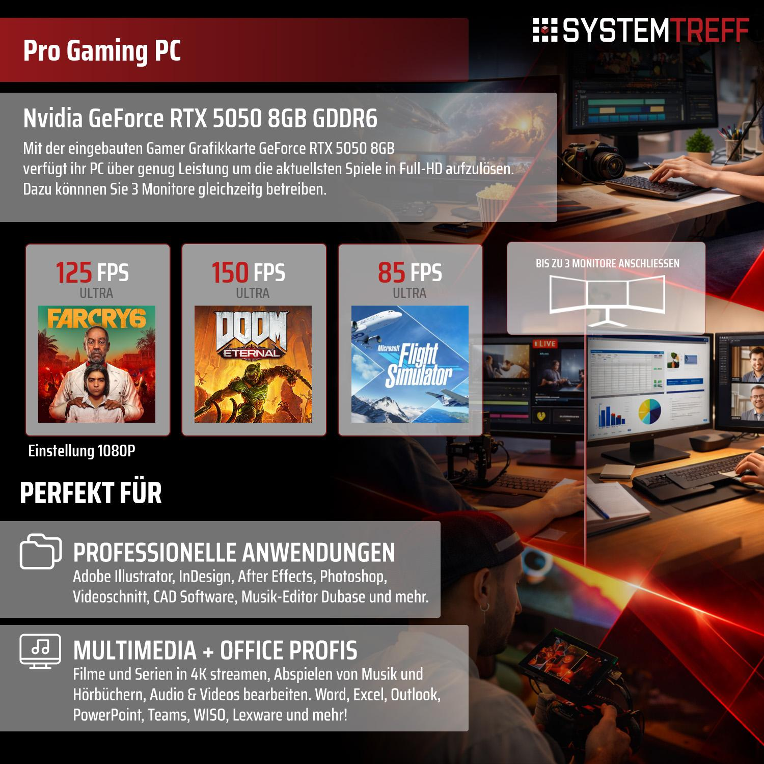 Gaming PC mit RTX 5050, 8GB GDDR6, unterstützt 3 Monitore. Ideal für Spiele & Profi-Anwendungen.