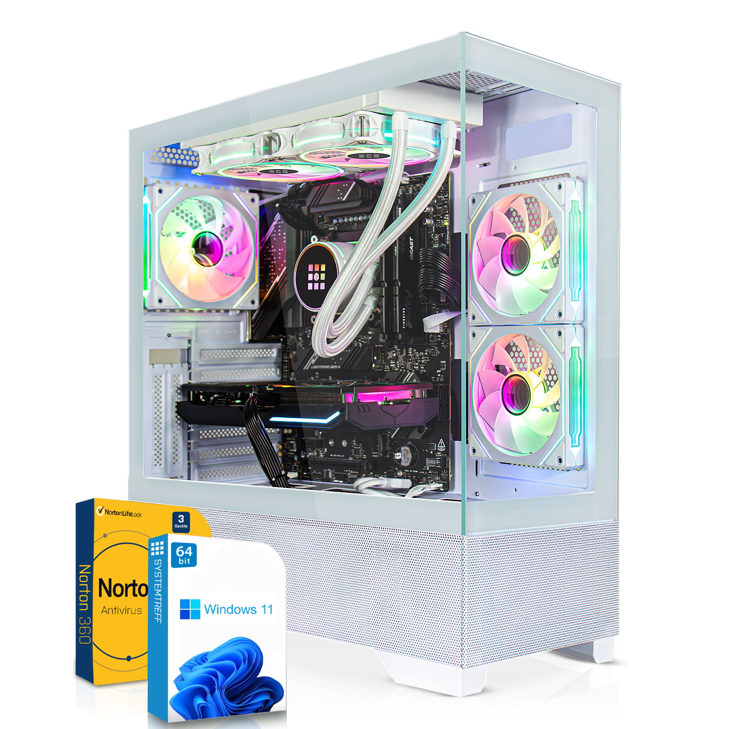 Ein weißer PC-Gehäuse mit RGB-Lüftern und Software-Boxen davor.