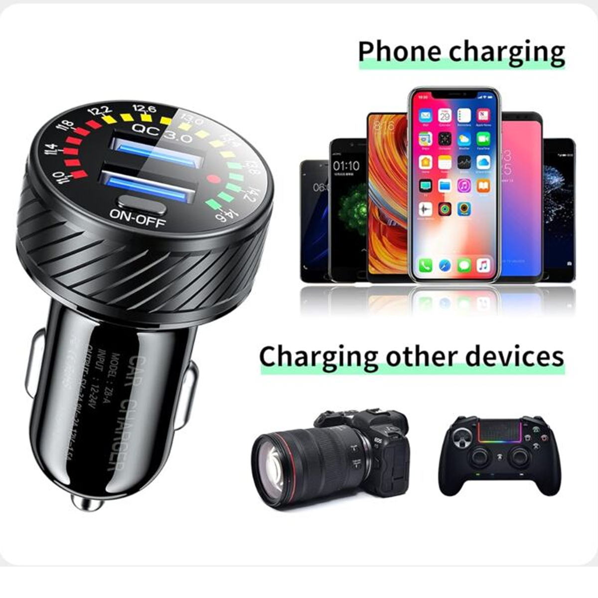 Ein Autoladegerät mit zwei USB-Anschlüssen, Telefone, eine Kamera und ein Controller.