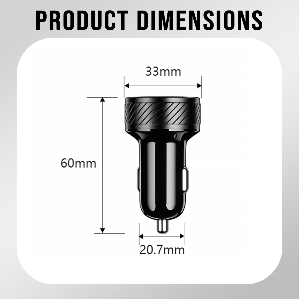 Produktabmessungen: 60mm Höhe, 33mm Breite oben, 20.7mm Breite unten.