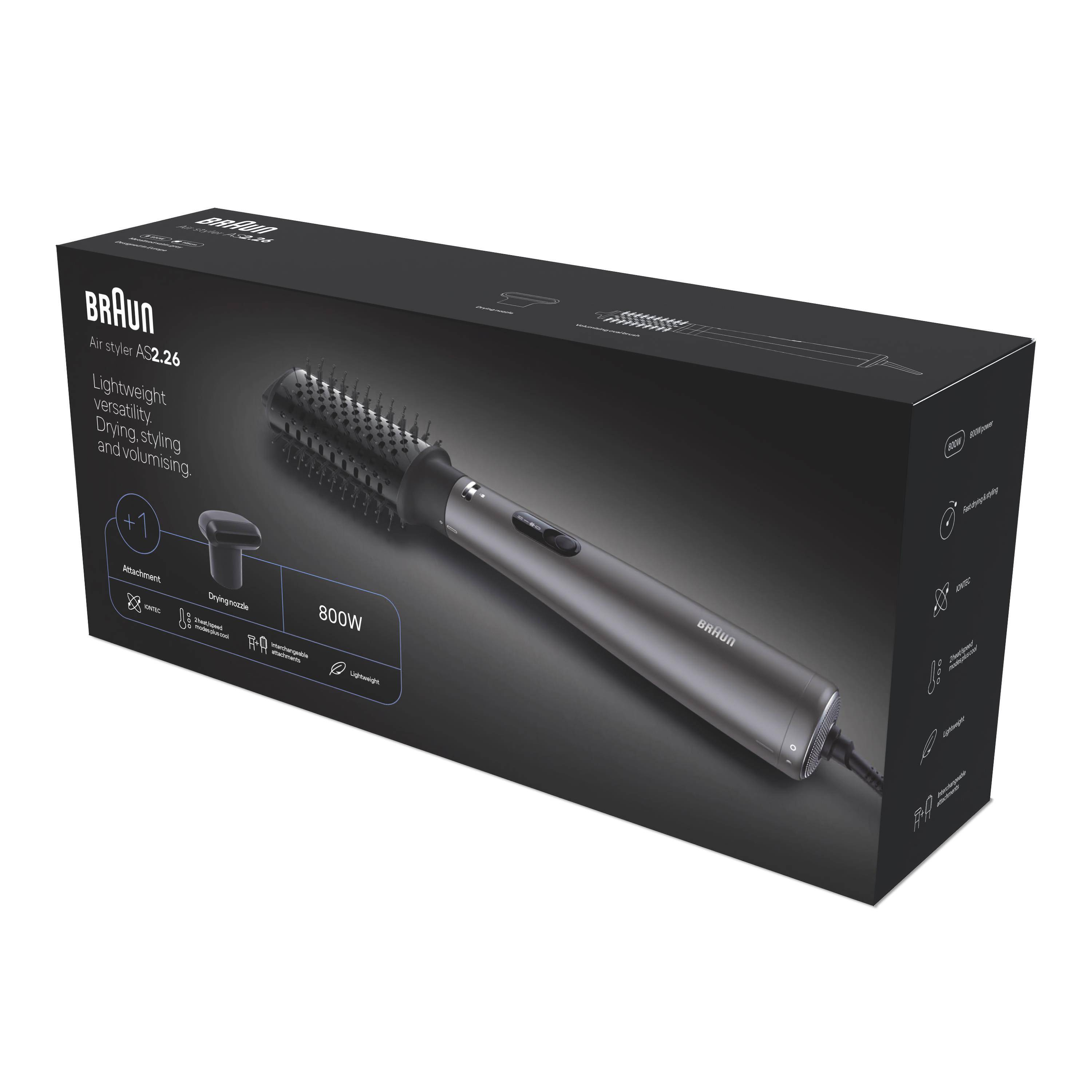 Confezione di un Air Styler Braun AS2.26 che mostra il dispositivo e gli accessori.