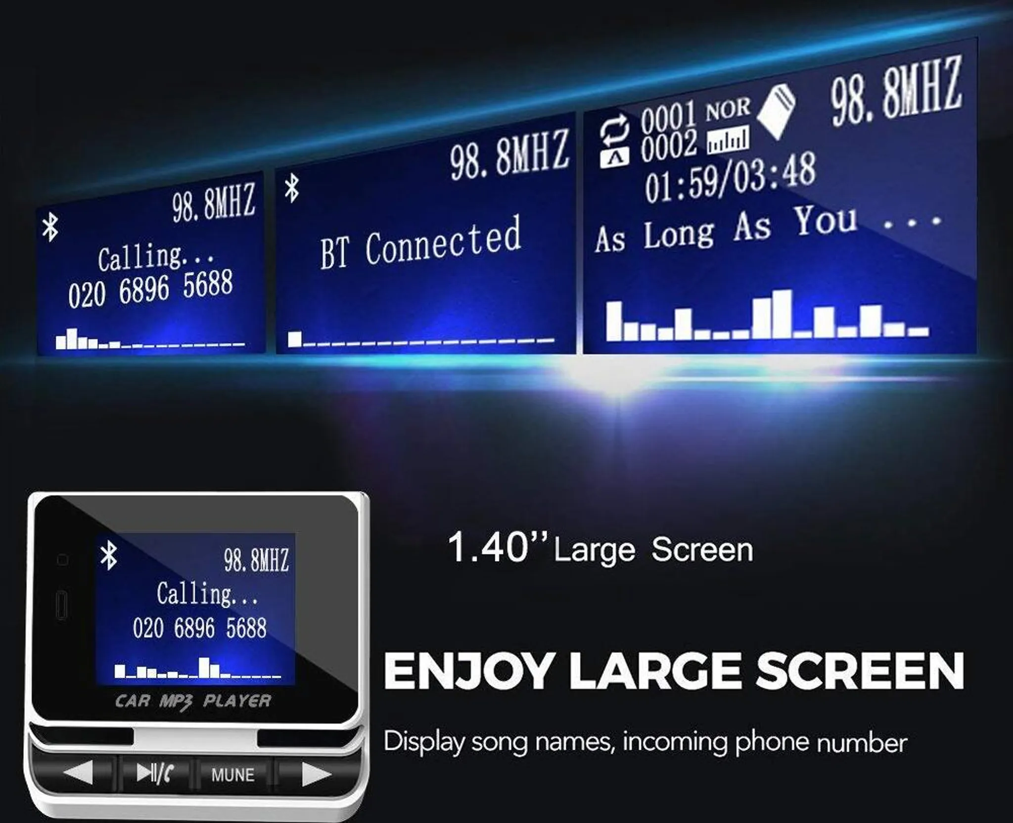 Car MP3 Player mit Großbildschirm zeigt 98.8MHz, Anruf und Liedtitel.