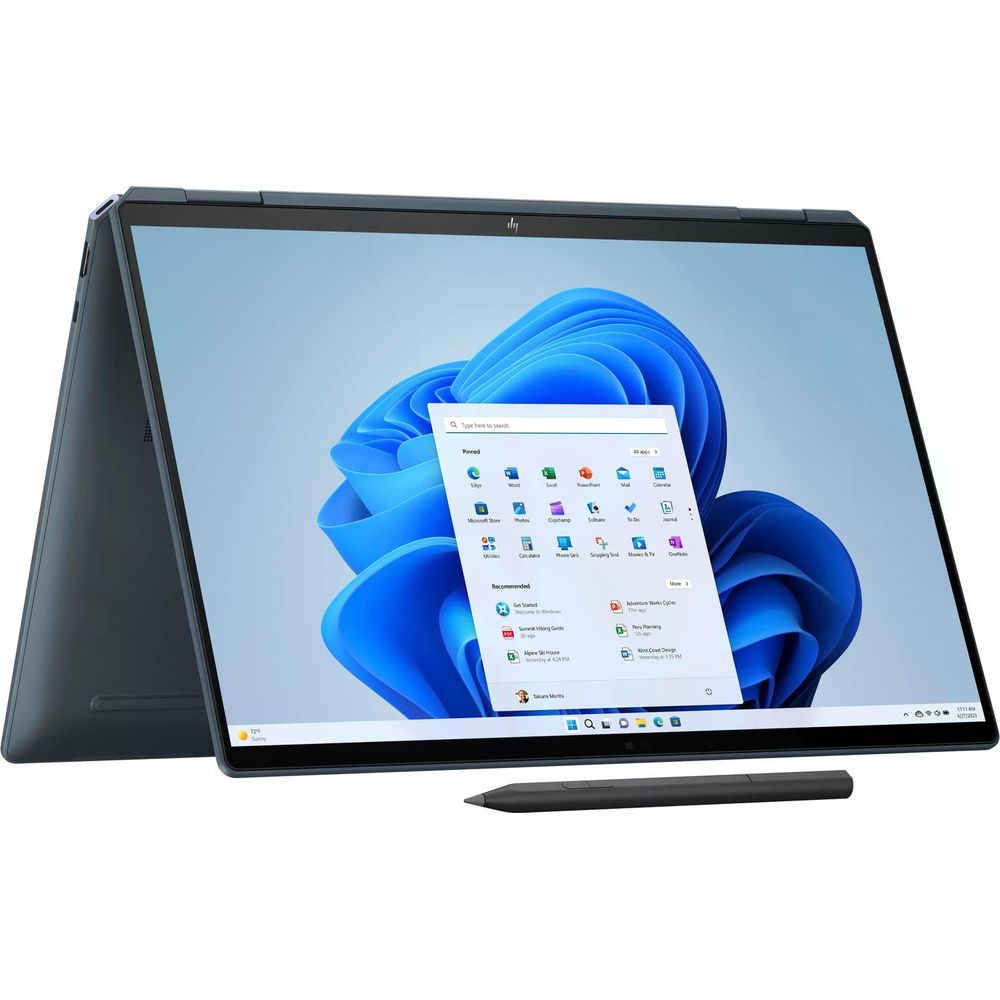 Ein blauer HP Laptop im Tablet-Modus mit Stift auf dem Bildschirm.