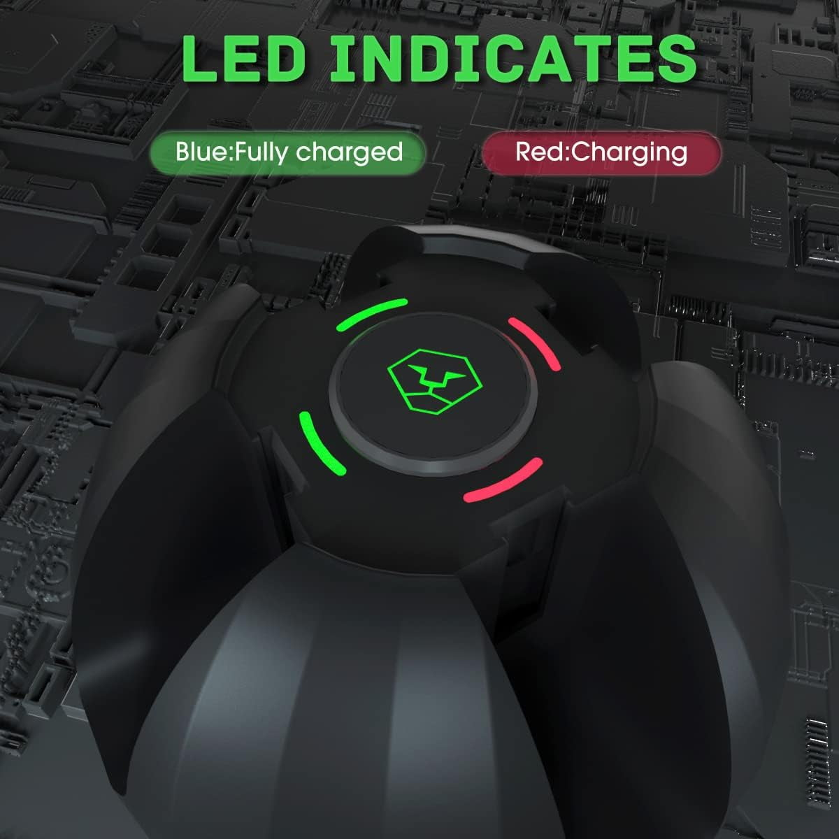 Schwarzes Gerät mit grünen/roten LED-Anzeigen. Text: LED INDICATES, Blue:Fully charged, Red:Charging.
