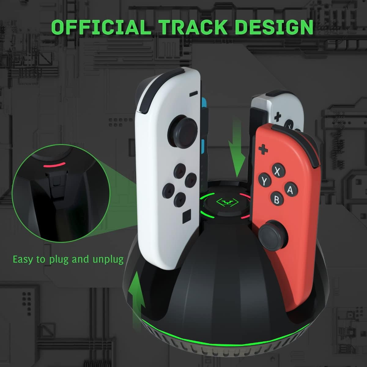 Eine schwarze Ladestation hält weiße und rote Controller. Grüne Lichter leuchten.