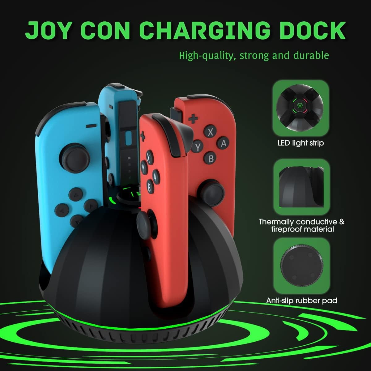 Eine schwarze Ladestation hält blaue und rote Joy-Con-Controller. Merkmale: LED-Streifen, feuerfestes Material, Anti-Rutsch-Pad.