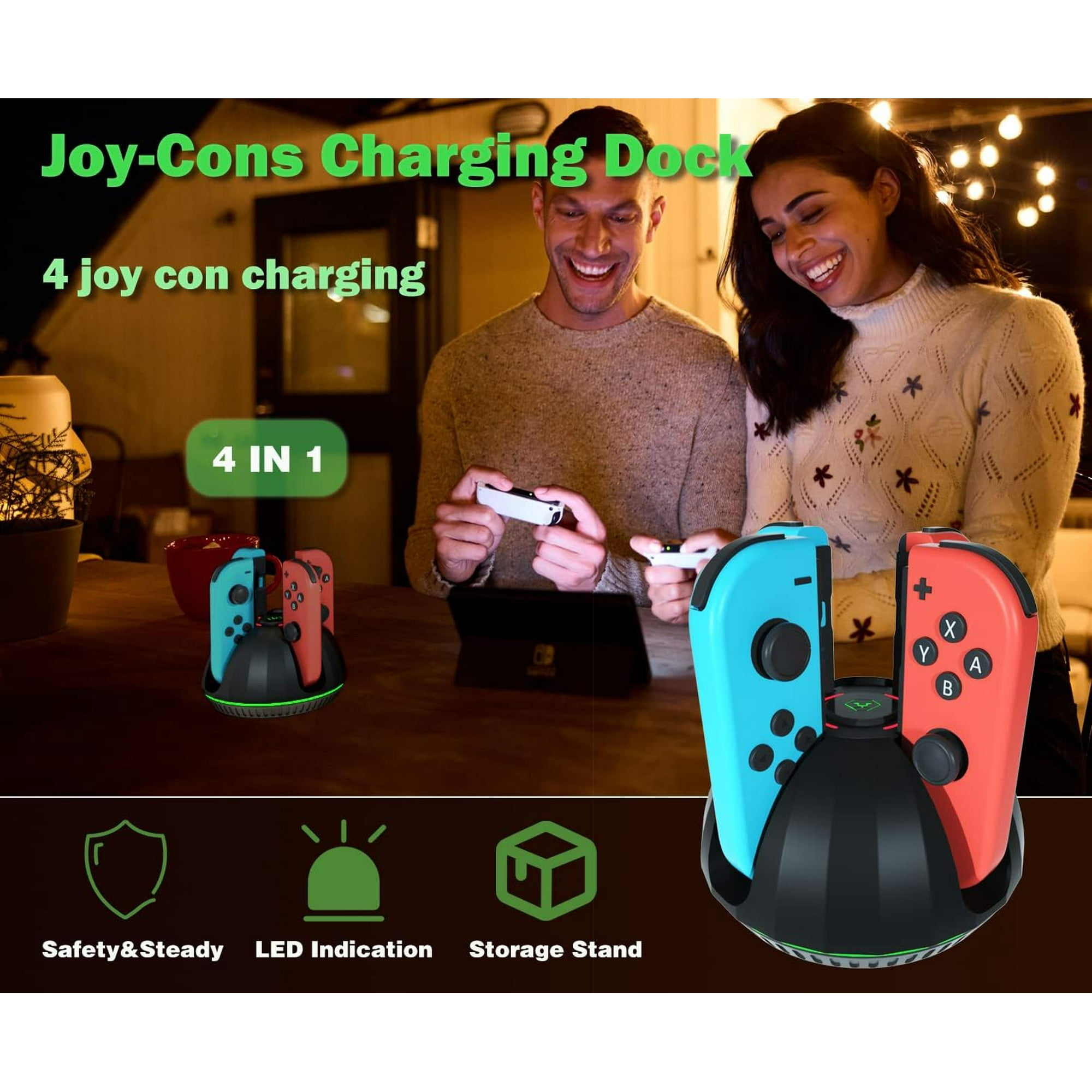 Ein Paar lächelnder Leute, die Joy-Cons halten. Ein Ladegerät für 4 Joy-Cons.