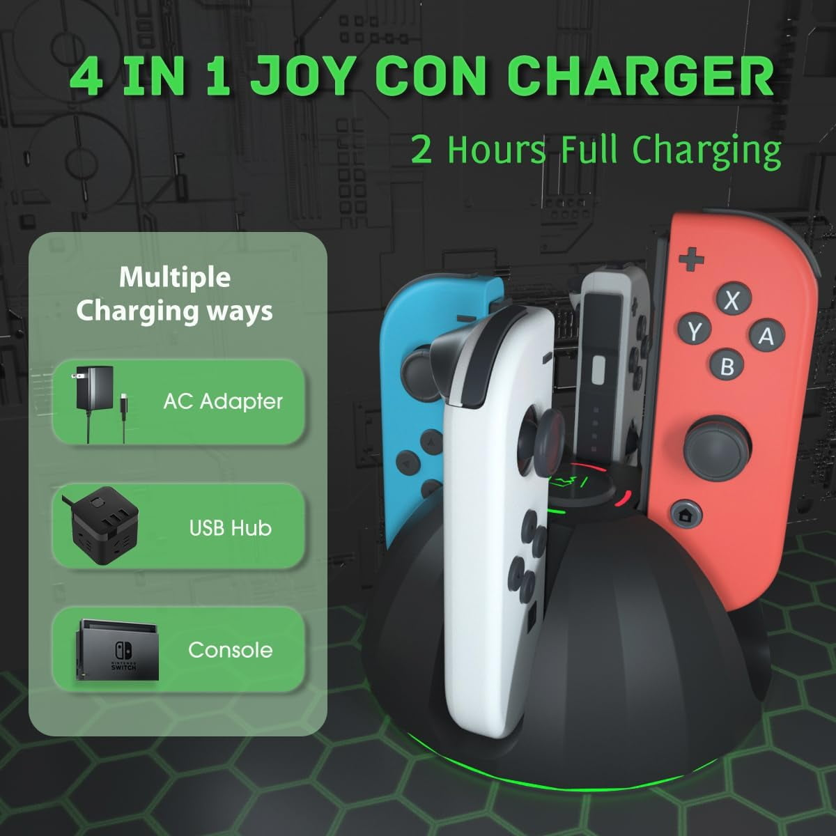 4 Joy-Con-Ladestation mit AC-Adapter, USB-Hub und Konsole.
