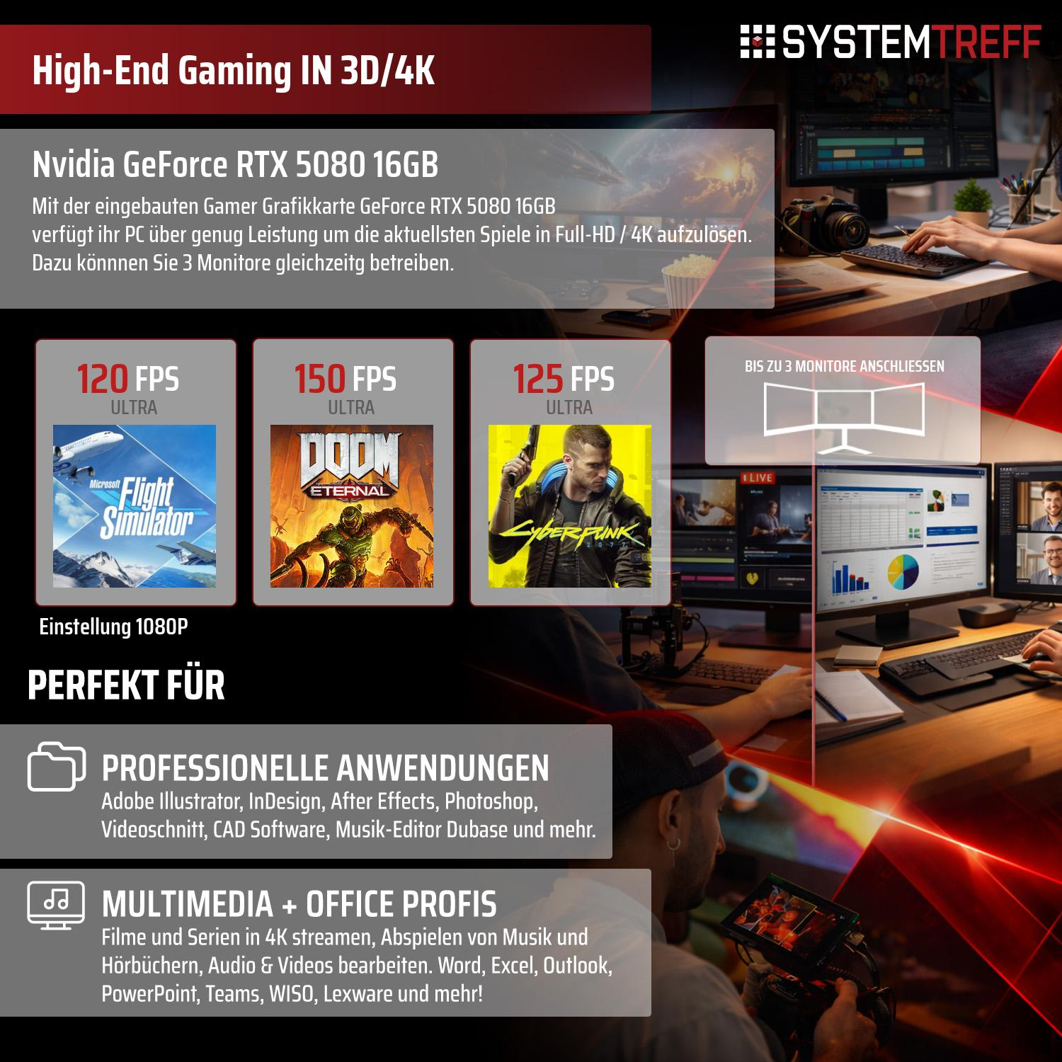 Anzeige für Nvidia GeForce RTX 5080 16GB mit Spielen und Anwendungen.