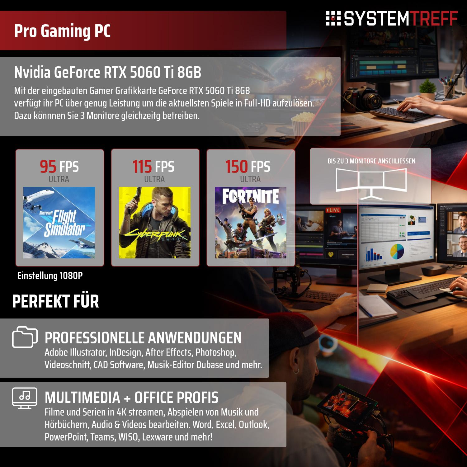 Pro Gaming PC mit Nvidia RTX 5060 Ti 8GB, zeigt Spiele-FPS und professionelle Anwendungen.