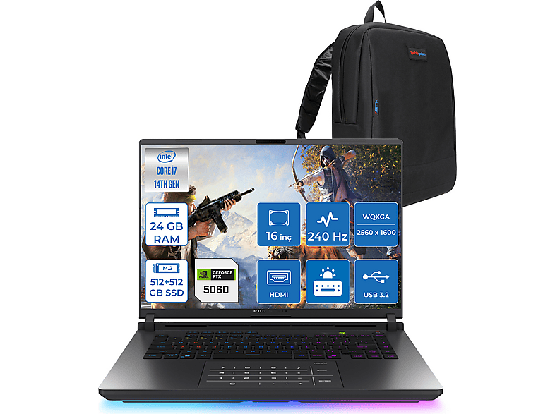 ASUS ROG Strix G16 8GB/RTX5060 115W 2.5K 3ms WS5049F02 Intel Core i7-14650HX 24 GB RAM 512 GB SSD 16 inç FreeDOS Laptop Siyah