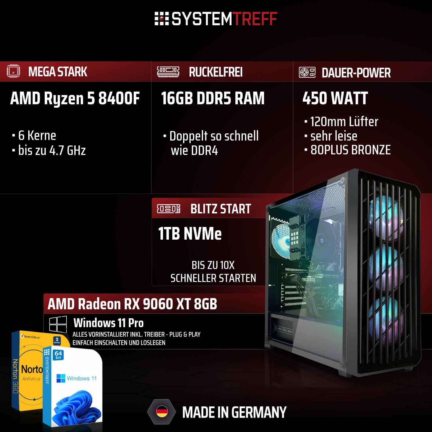 Ein PC mit AMD Ryzen 5 8400F, 16GB DDR5 RAM, 1TB NVMe und RX 9060 XT. Inkl. Windows 11 Pro.