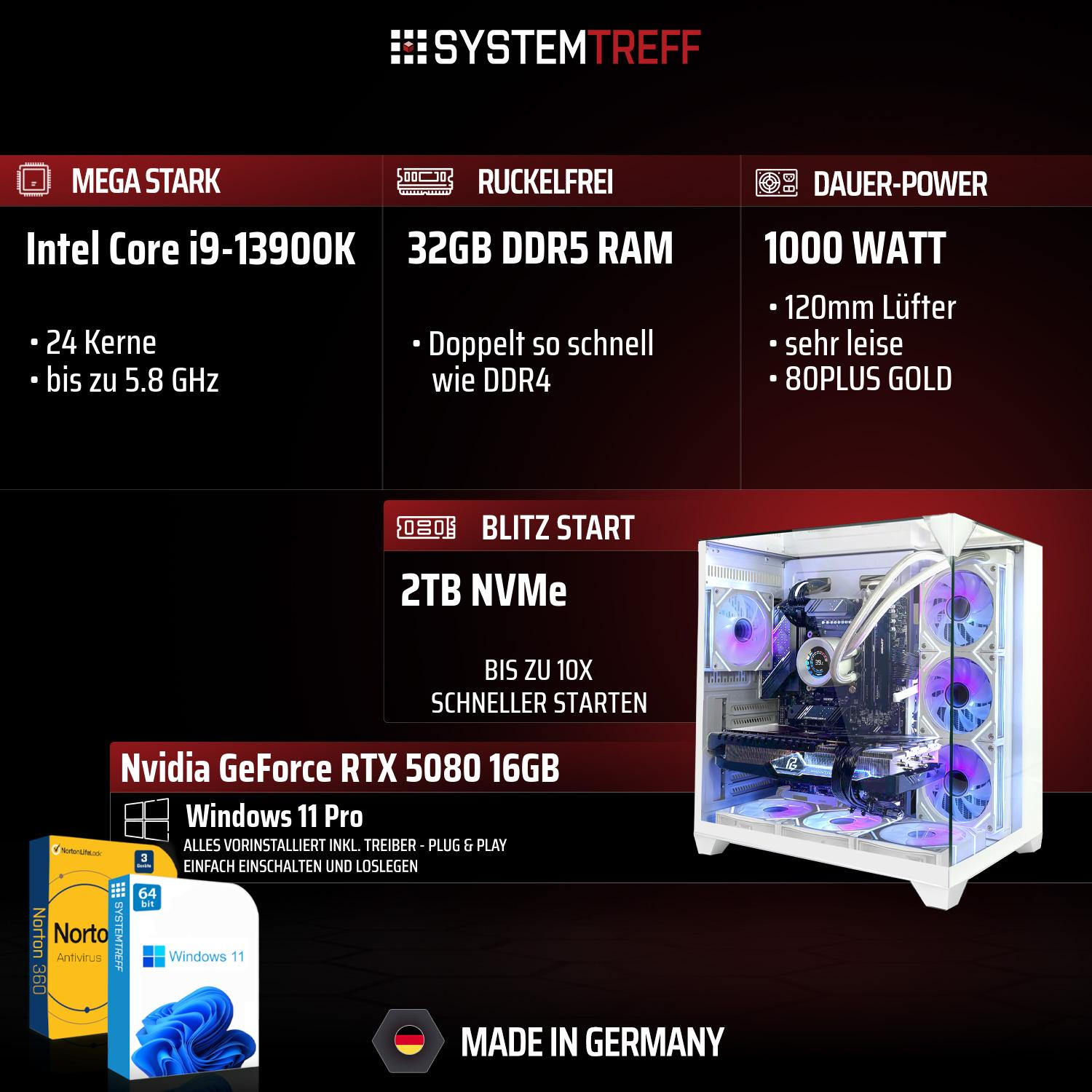 PC mit Intel Core i9, 32GB DDR5, RTX 5080, 2TB NVMe, 1000W Netzteil. Windows 11 Pro.