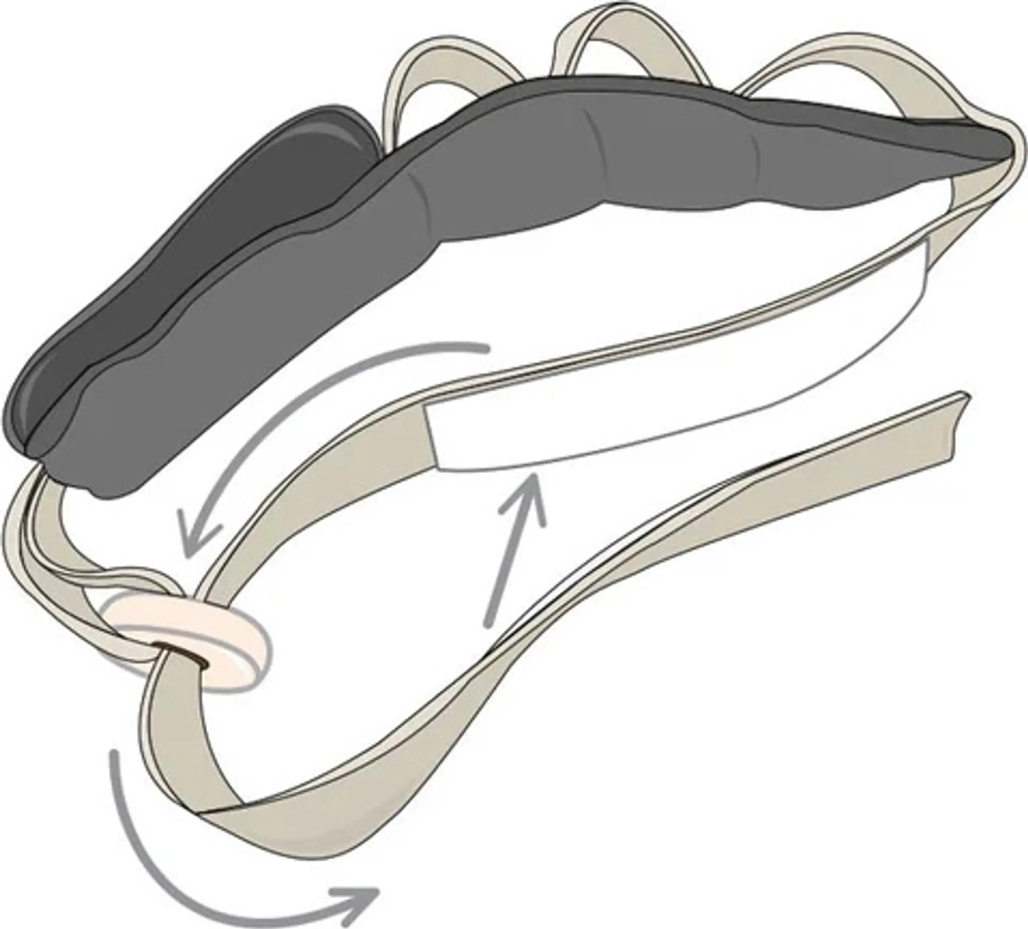 Gepolsterter Riemen mit Verstellmechanismus und Pfeilen, die die Bewegung anzeigen.