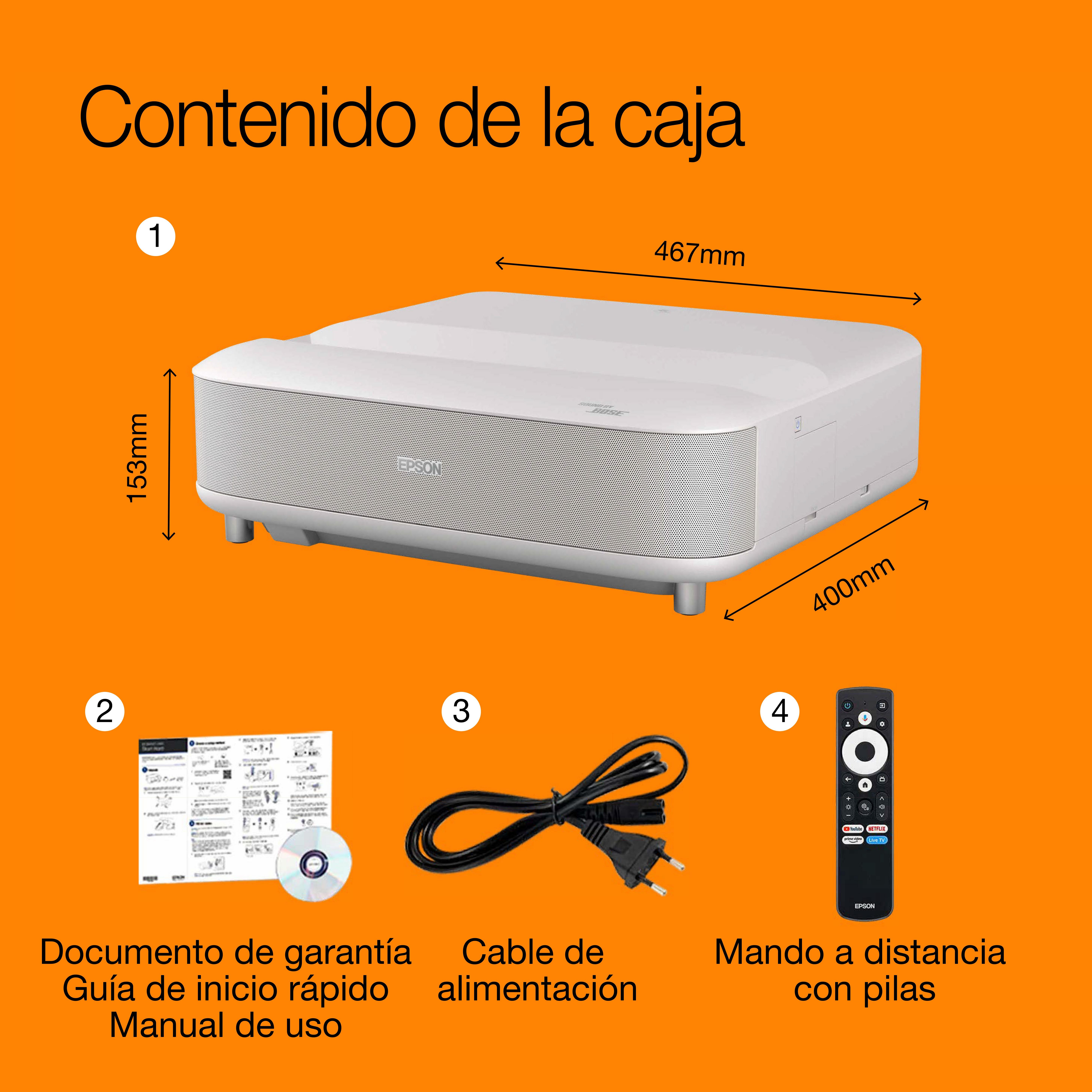 Contenido de la caja: proyector, documentos, cable de alimentación y mando.