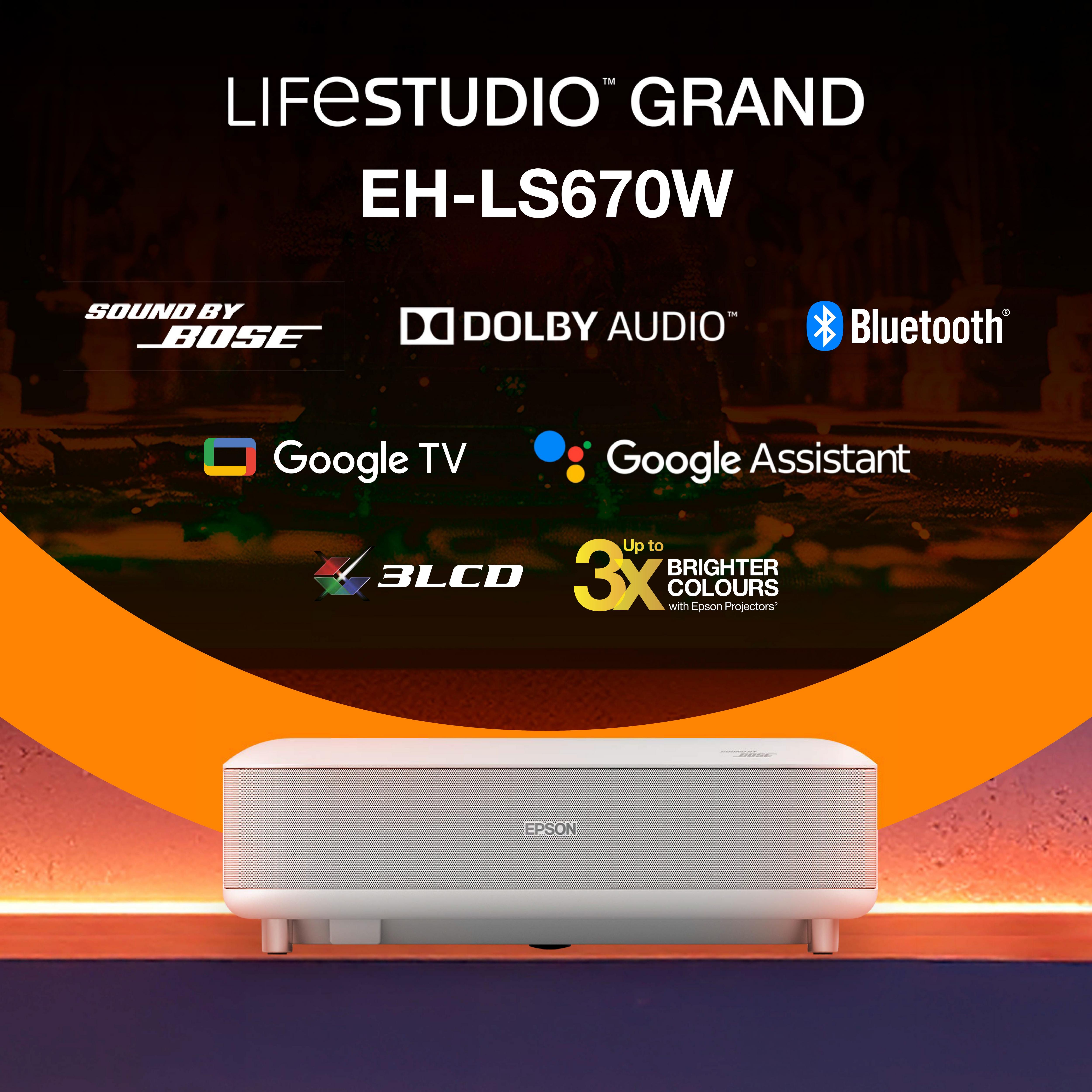 Un proyector blanco con logotipos de Epson, Bose, Dolby Audio, Bluetooth, Google TV y Google Assistant.