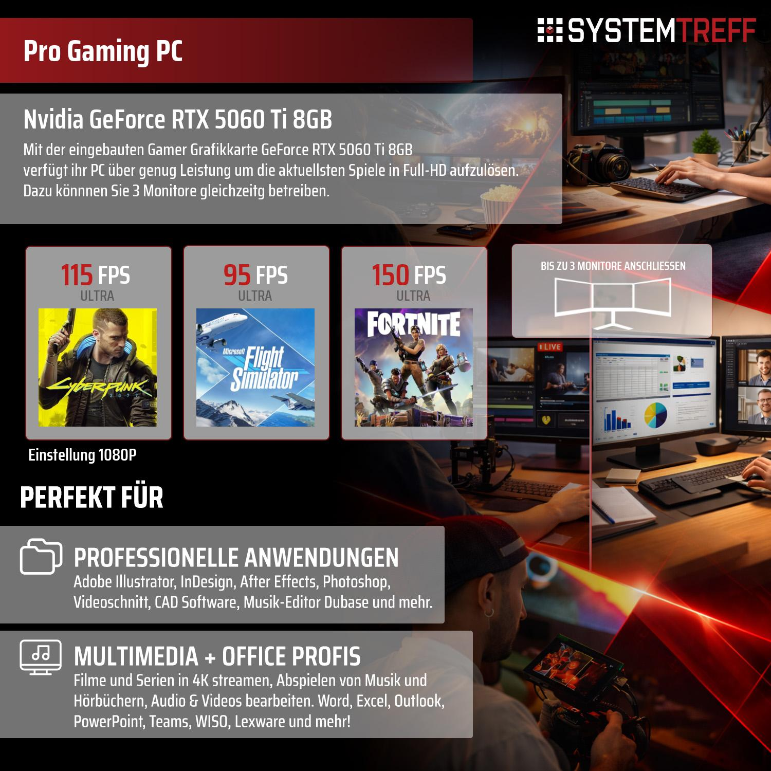 Gaming PC mit Nvidia RTX 5060 Ti, 3 Monitore, Cyberpunk, Flight Simulator, Fortnite.