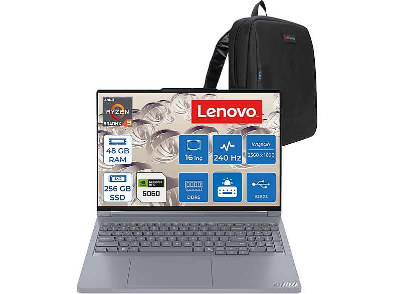 LENOVO ThinkBook 16P G6 Adr AI RTX5060/8GB 21U00014TXF16 AMD Ryzen 9 8940HX 48 GB RAM 256 GB SSD 16 inç FreeDOS Laptop+Çanta Gri