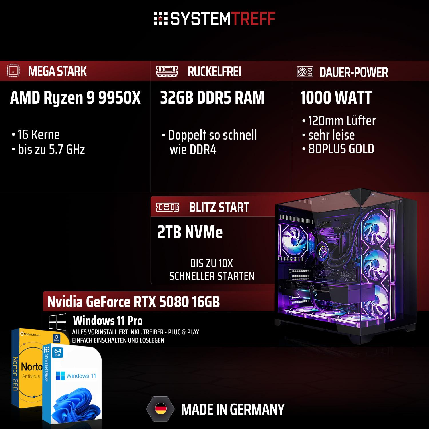 PC-Komponenten: AMD Ryzen 9, 32GB DDR5 RAM, 1000W Netzteil, RTX 5080, 2TB NVMe. Windows 11 Pro.