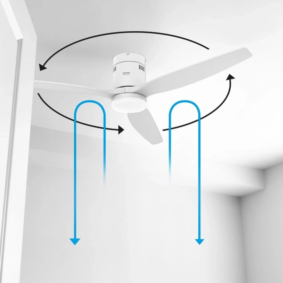 Ventilatore da soffitto bianco con tre pale, mostra flusso d'aria con frecce.