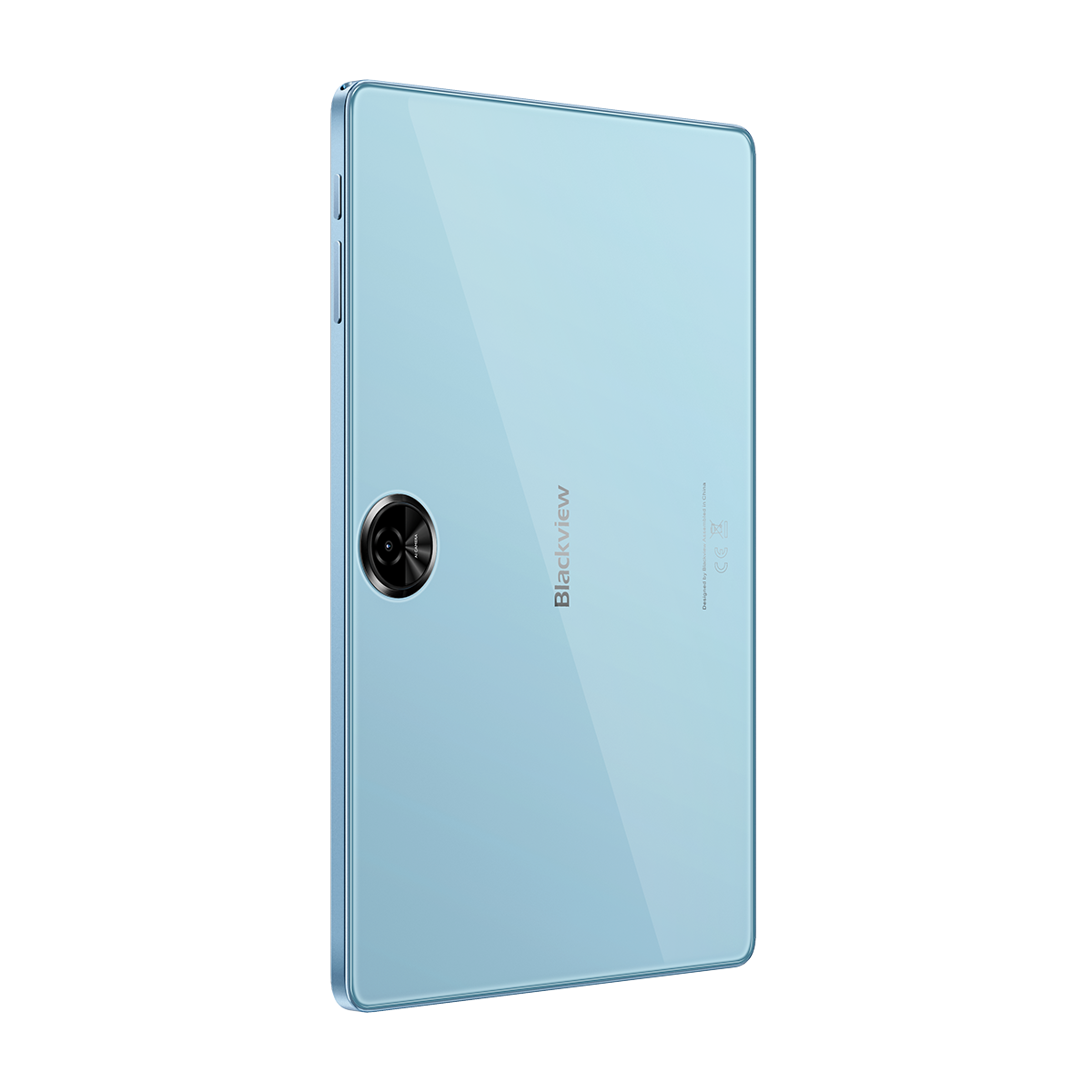 Ein hellblaues Tablet mit schwarzer Kamera auf der Rückseite, auf weißem Hintergrund.
