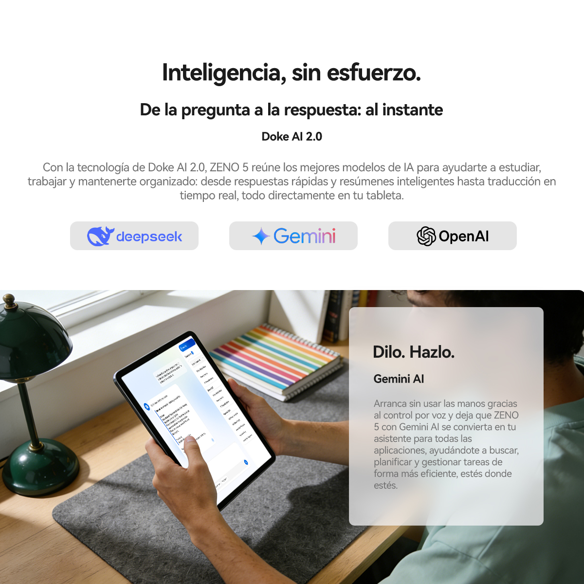 Persona usa una tablet con texto de IA. Se ven logos de Deepseek, Gemini y OpenAI.