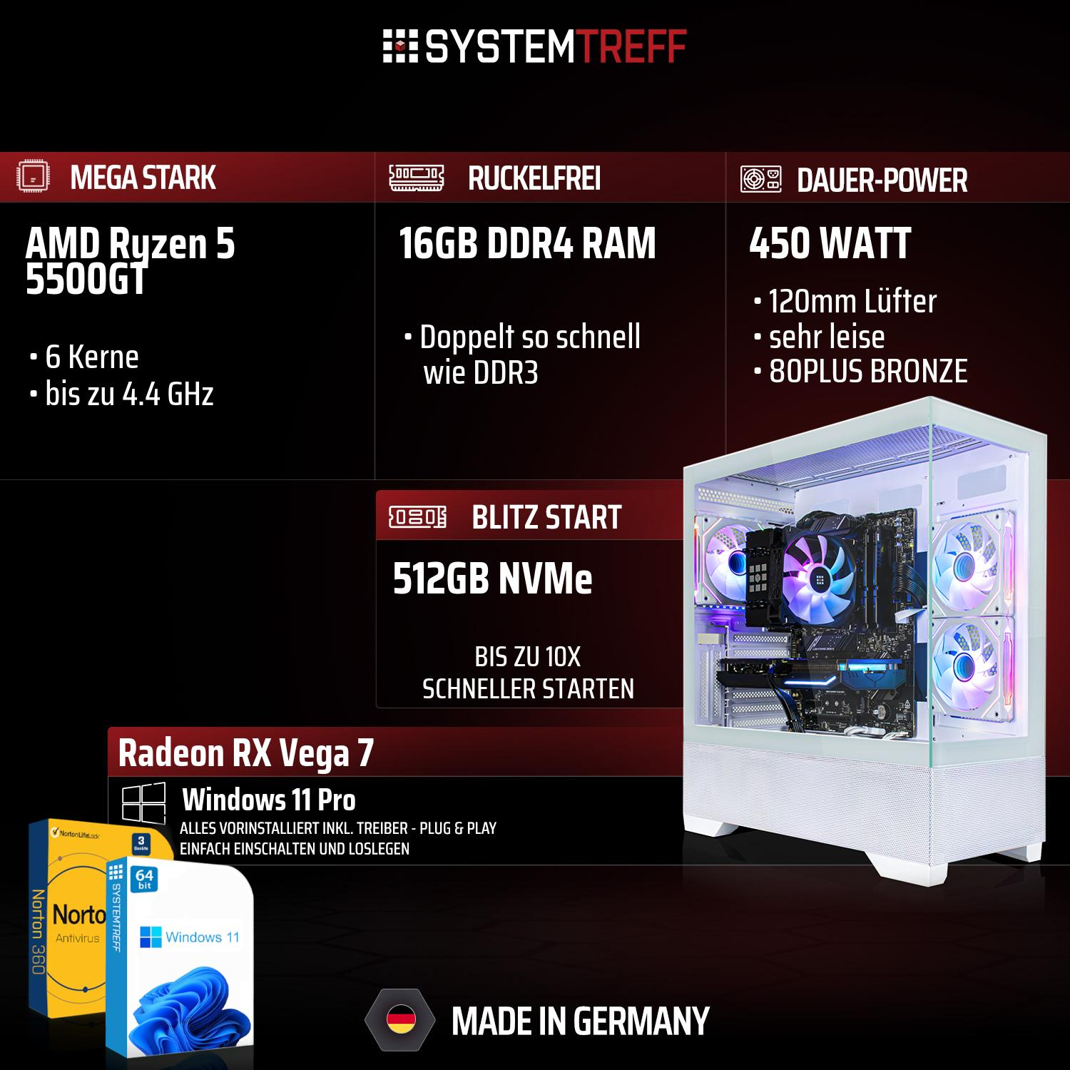 Ein PC mit AMD Ryzen 5 5500GT, 16GB DDR4 RAM, 512GB NVMe, Radeon RX Vega 7, Windows 11 Pro.