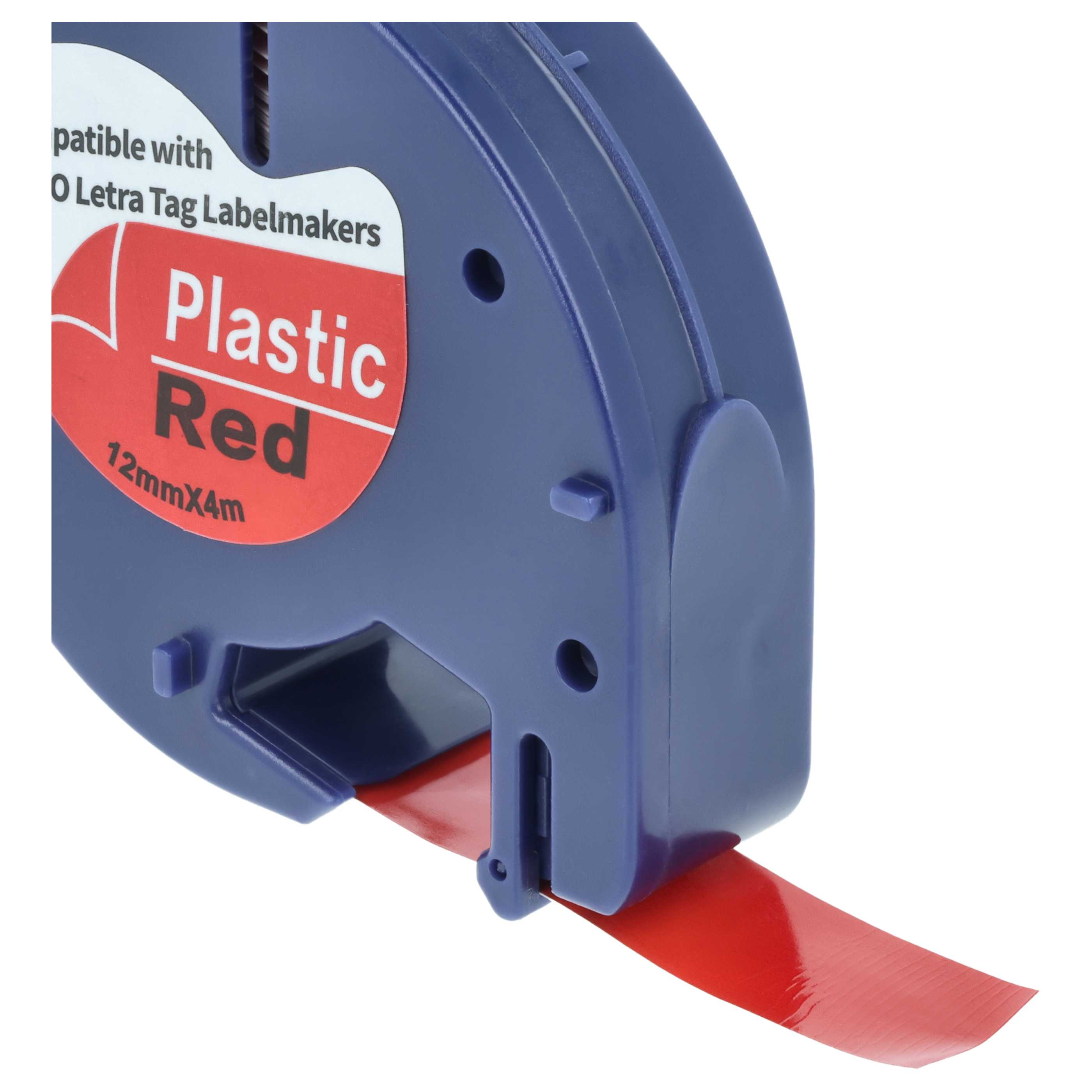 Blauer Etikettenroller mit rotem Kunststoffband, 12mm x 4m.
