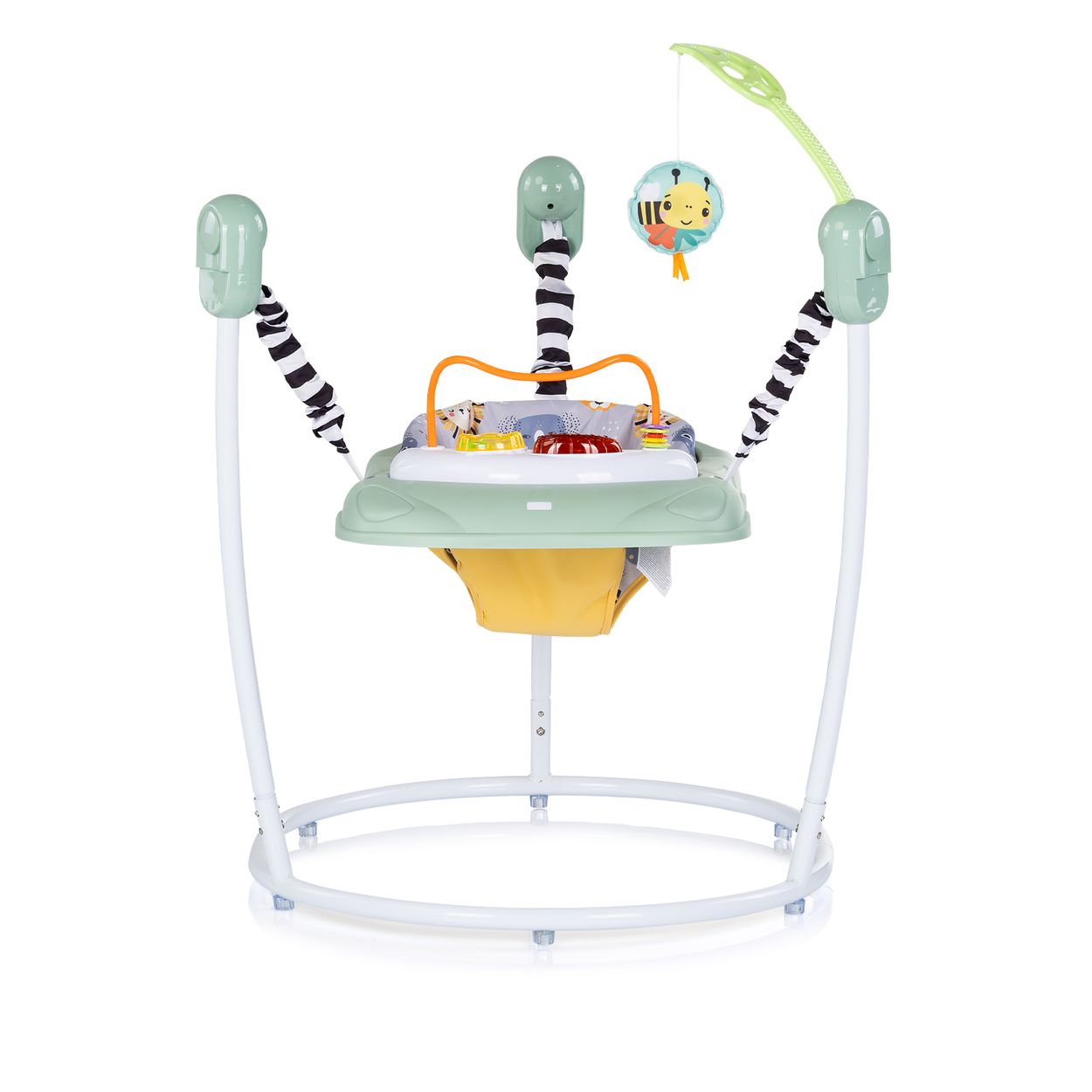 Ein Baby-Spielgerät in Pastellgrün mit Hängepielzeug und einem gelben Sitz.