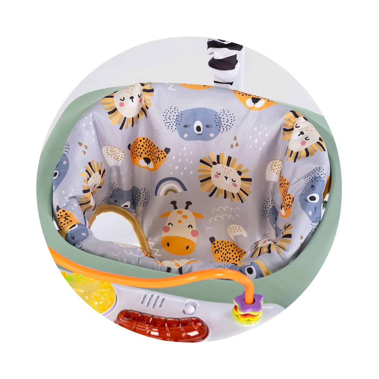 Ein Baby-Spielcenter mit Tiermotiven, einschließlich Löwen, Koalas und Giraffen.