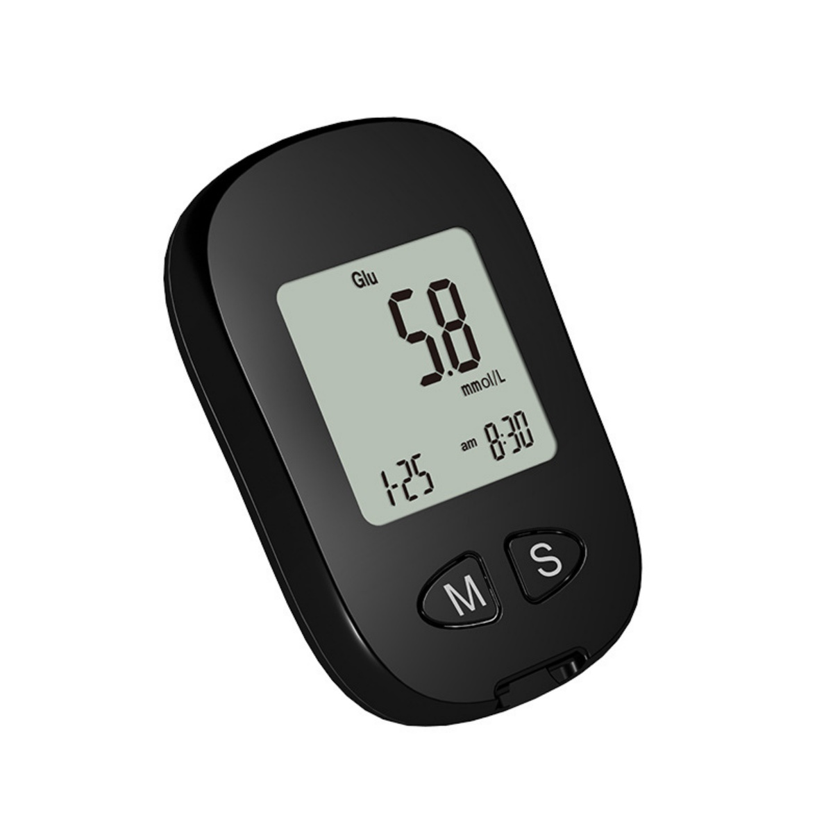 Ein schwarzer Blutzuckermessgerät mit einem digitalen Display, das 5.8 mmol/L anzeigt.