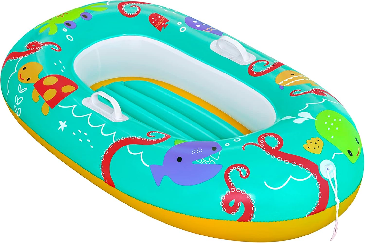 Ein türkisfarbenes Schlauchboot mit gelber Zierleiste, das Meerestiere wie eine Schildkröte und einen Oktopus zeigt.