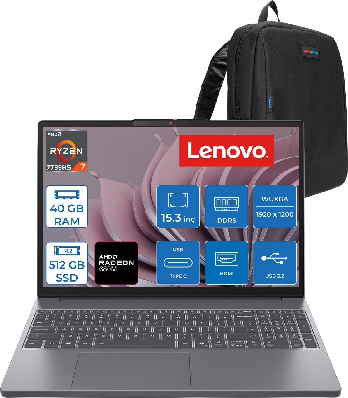 Siyah sırt çantalı gri Lenovo laptop, 40GB RAM, 512GB SSD, 15.3 inç ekran.