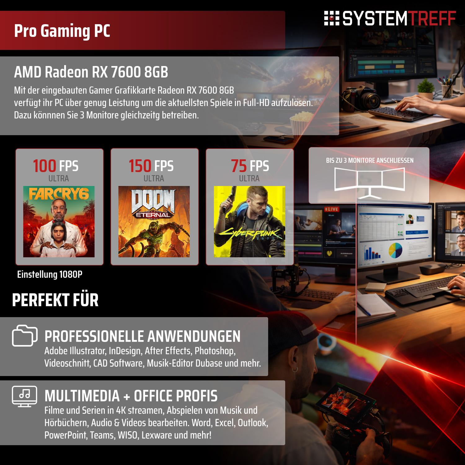Pro Gaming PC mit AMD Radeon RX 7600 8GB, Spiele-Screenshots und PC-Arbeitsplätze.