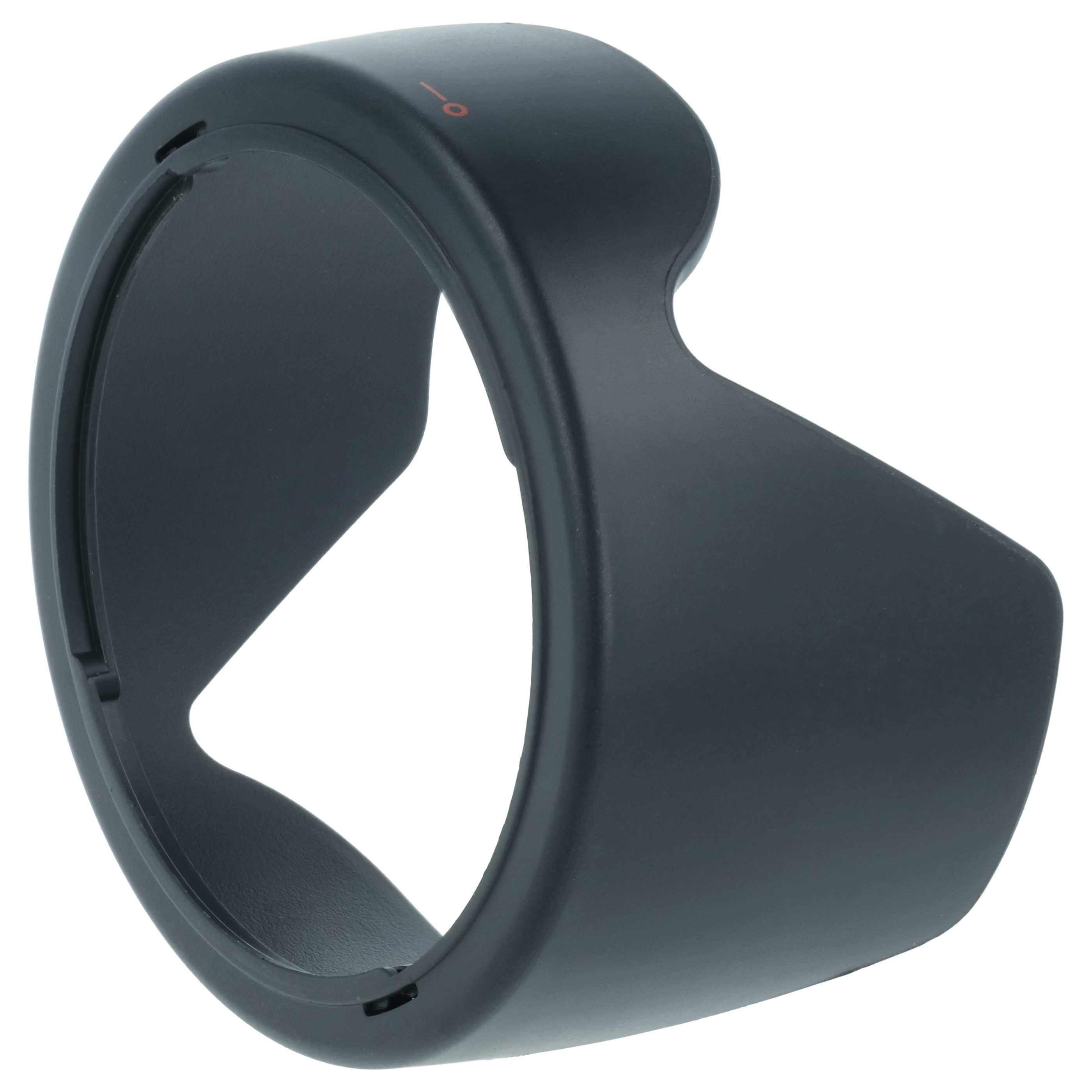 Schwarze Kamera-Objektivhaube mit rotem Markierungspunkt, freigestellt.
