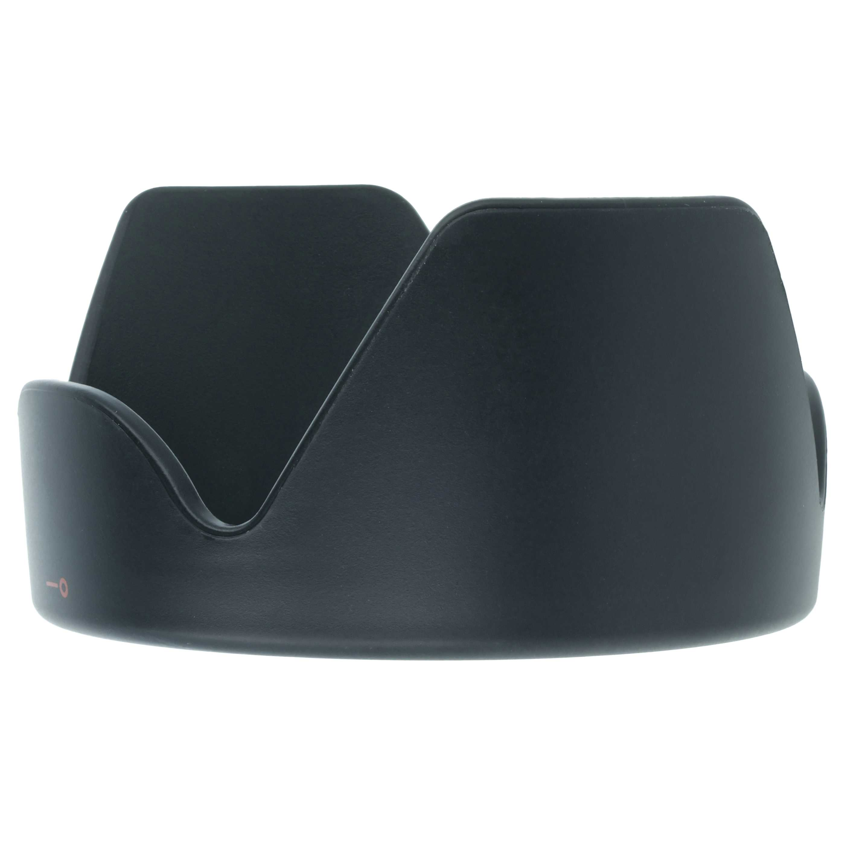 Schwarze Objektivhaube mit rotem Markierungssymbol auf weißem Hintergrund.